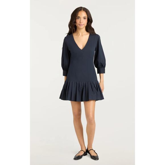 CINQ A SEPT Sawyer Navy V-Neck Pleated Minidress - Picture 4 of 13
